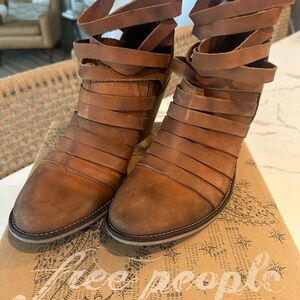 Free People Brown Leather Strappy Ankle Heeled Boots